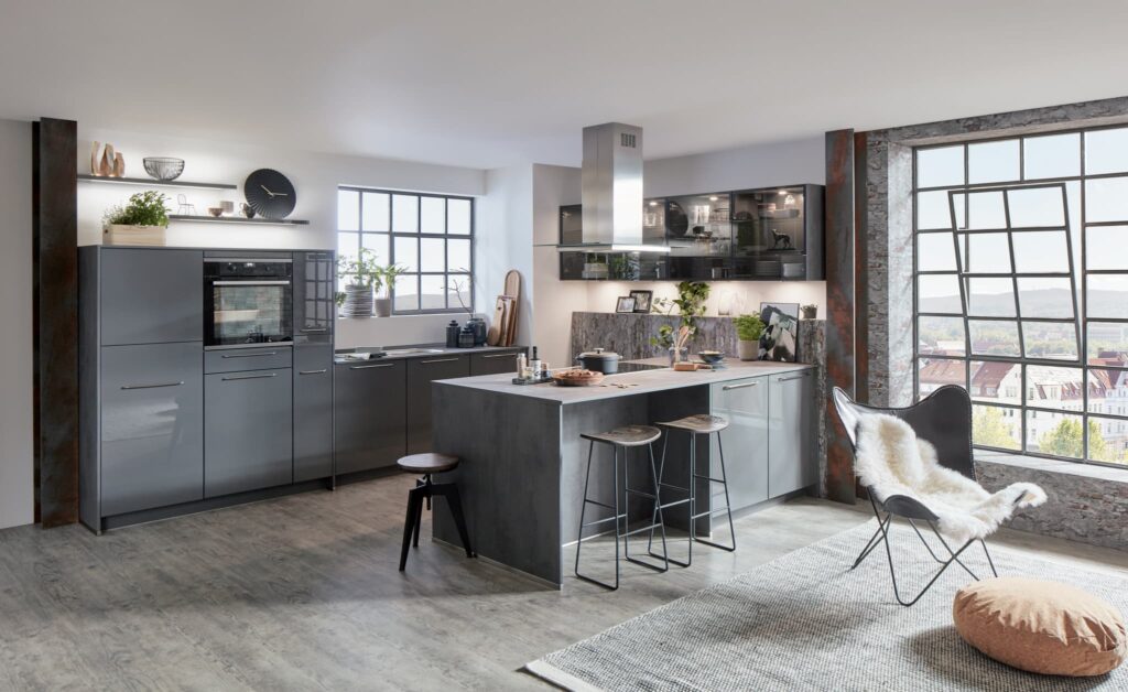 Grey flash gloss kitchen by Prestons Kitchens - with island