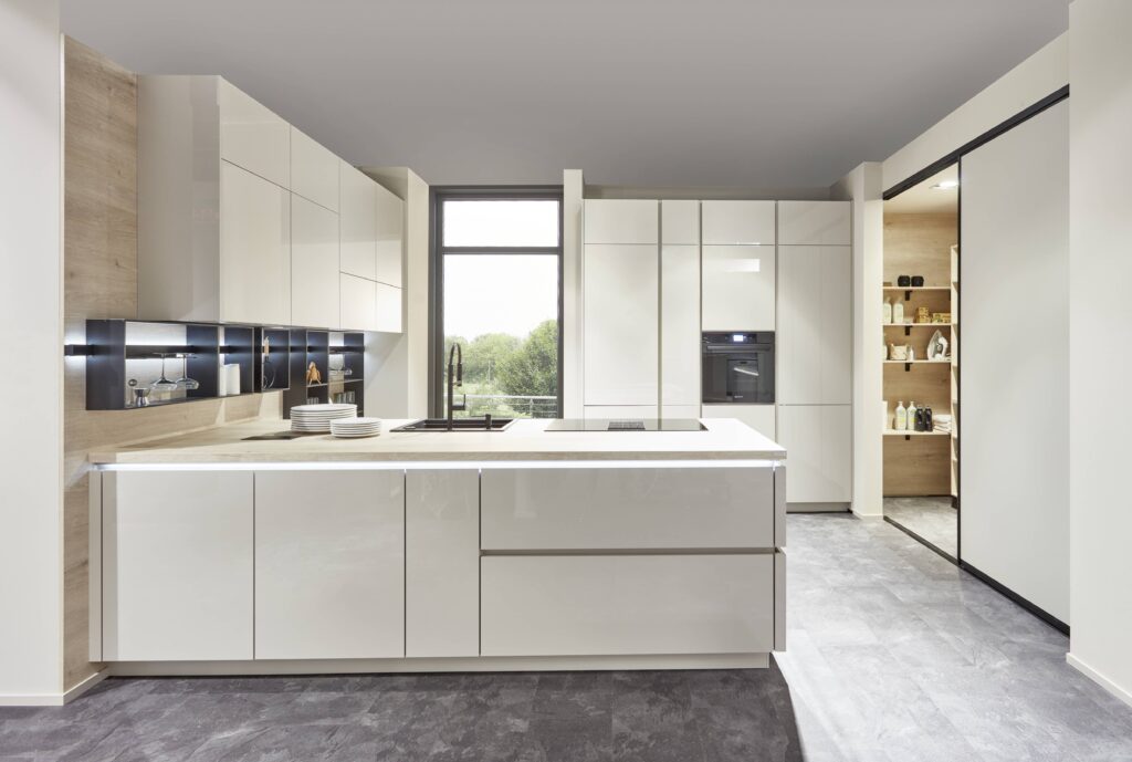 white gloss kitchen by Prestons Kitchens L shaped