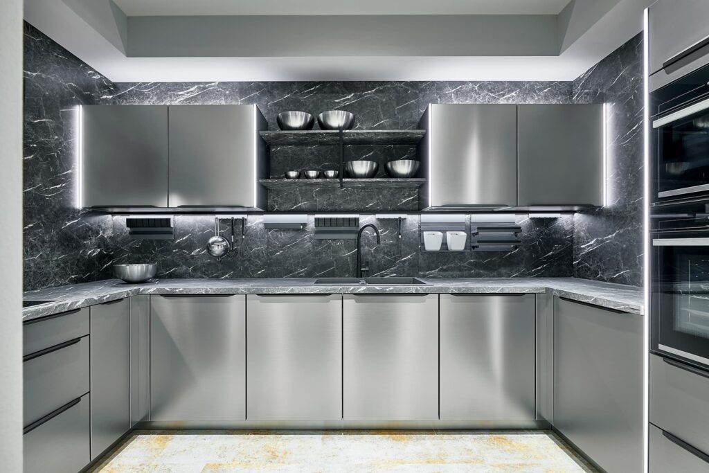 brushed steel kitchen by Prestons Kitchens